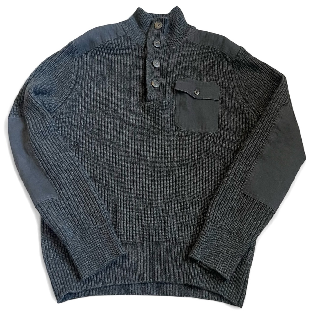 Schott Bros Men’s Henley Button Military Wool Sweater Sz L Grey Elbow Patches